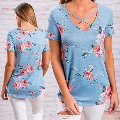 Picture of Floral Short Sleeve Top with Cutout Neckline in 5 Colors