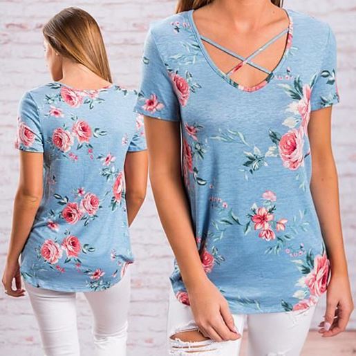 Picture of Floral Short Sleeve Top with Cutout Neckline in 5 Colors