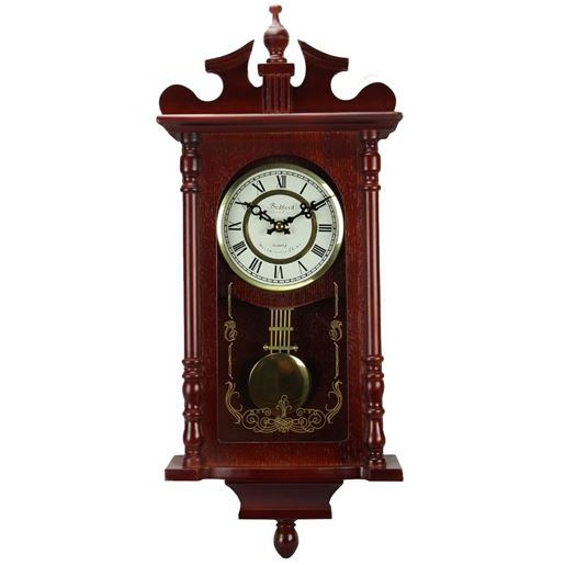 Picture of Bedford Collection 25 Inch Wall Clock with Pendulum and Chime in Dark Redwood Oak Finish