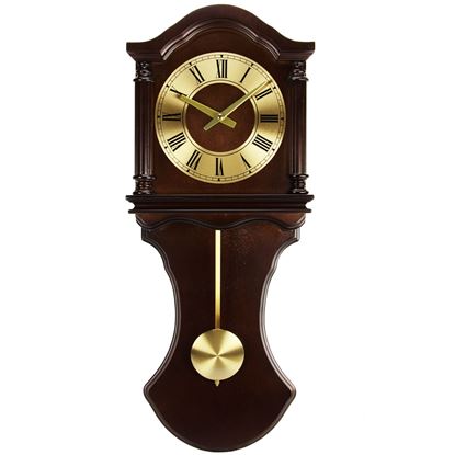 Picture of Bedford Clock Collection 27.5 Inch Wall Clock with Pendulum and Chimes in Chocolate Brown Oak Finish