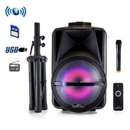 Picture of beFree Sound 12 Inch PA Bluetooth Rechargeable Portable Party Speaker with Reactive LED Lights and Stand