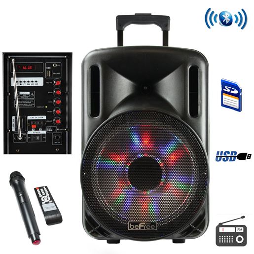 Picture of beFree Sound 12 Inch 2500 Watt Bluetooth Portable Party PA Speaker With Illuminating Lights and USB/MicroSD/AUX-in/FM Radio/DV12V Inputs