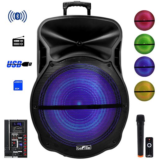 Picture of beFree Sound 18 Inch Bluetooth Portable Rechargeable Party Speaker with Sound Reactive LED Party Lights, USB/SD, Microphone/Guitar Inputs and FM Radio