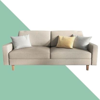 Picture of Beige Linen Upholstered Sofa with Modern Mid-Century Style Wood Legs