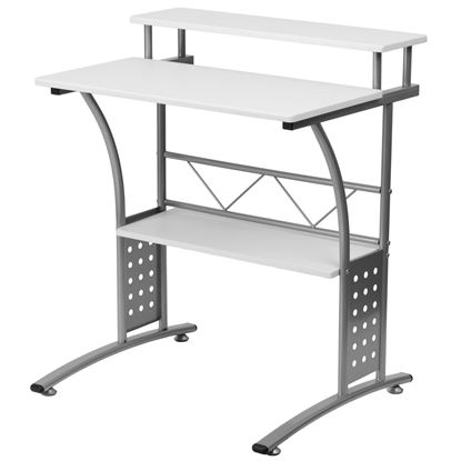 Picture of Modern Metal Frame Computer Desk with White Laminate Top and Raised Shelf