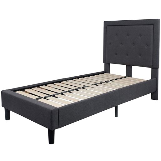 Picture of Twin Dark Gray Fabric Upholstered Platform Bed with Button Tufted Headboard