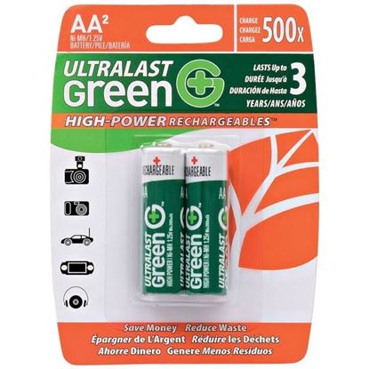 Picture of Ultralast ULGHP2AA Green High-Power Rechargeables AA NiMH Batteries, 2 pk