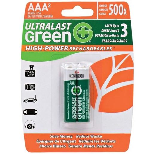 Picture of Ultralast ULGHP2AAA Green High-Power Rechargeables AAA NiMH Batteries, 2 pk