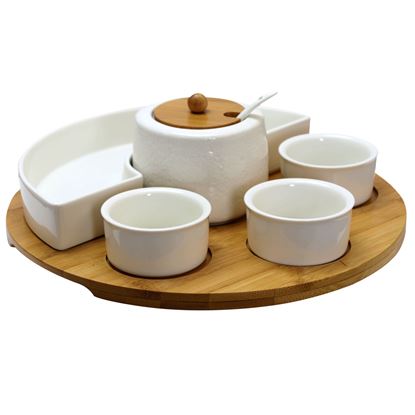 Picture of Elama Signature 8 Piece Appetizer Serving Set with 4 Serving Dishes, Center Condiment Server, Spoon, and Bamboo Serving Tray