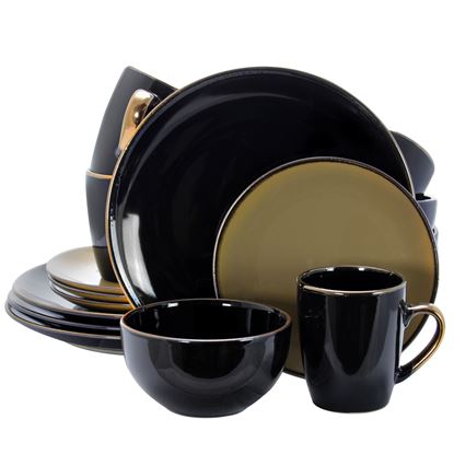 Picture of Elama Cambridge Grand 16-Piece Dinnerware Set in Luxurious Black and Warm Taupe with Complete Setting for 4