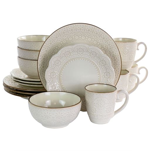 Picture of Elama Contessa 16 Piece Embossed Scalloped Stoneware Dinnerware Set in Ivory