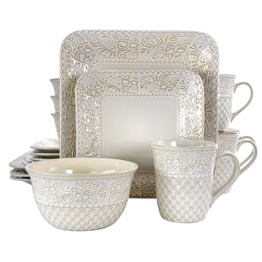 Picture of Elama Ivory Lotus 16 Piece Square Dinnerware Set