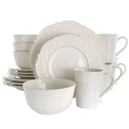 Picture of Elama Luna 16 Piece Embossed Scalloped Stoneware Dinnerware Set in White