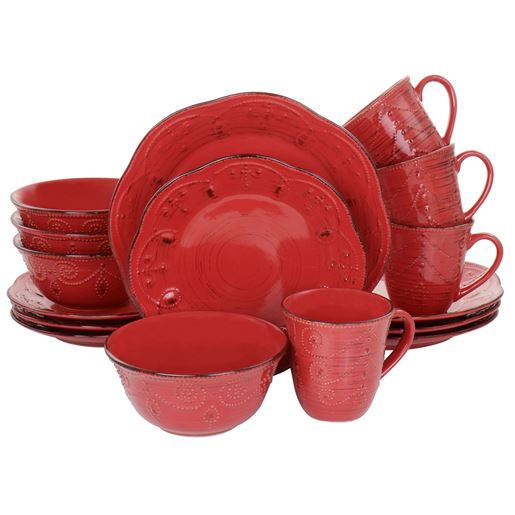 Picture of Elama Rustic Birch 16 Piece Stoneware Dinnerware Set in Red