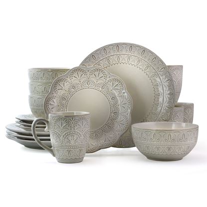 Picture of Elama White Lace 16 Piece Luxurious Stoneware Dinnerware with Complete Setting for 4