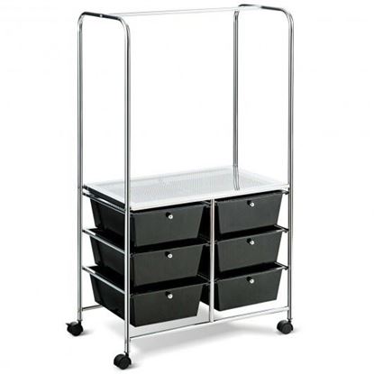 图片 6 Drawer Rolling Storage Cart with Hanging Bar -Black