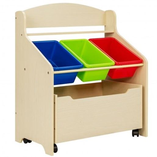 Picture of Kids Wooden Toy Storage Unit Organizer with Rolling Toy Box and Plastic Bins-Natural