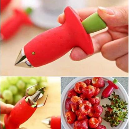 Picture of Red Strawberry Huller Strawberry Top Leaf Remover Tomato Stalks Fruit Knife Stem Remover Portable