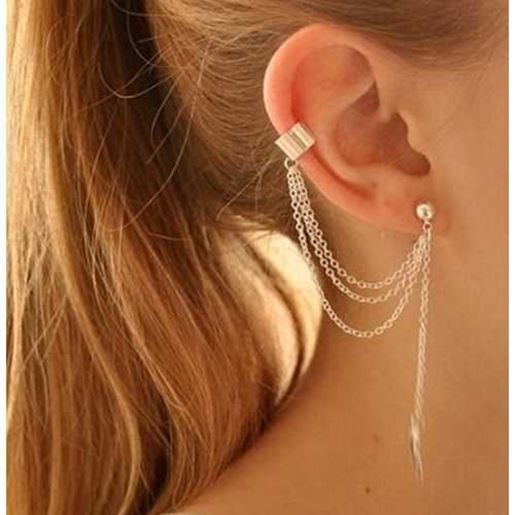 Picture of Rock Leaf Chain Tassel Dangle Ear Cuff Wrap Earring