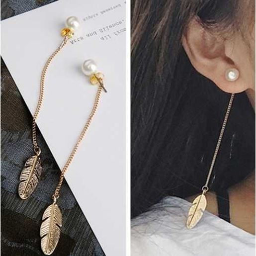 Picture of Pearls Long Leaf Feather Earrings