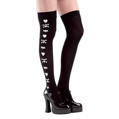 Picture of Black Spooky Print Thigh High Costume Tights