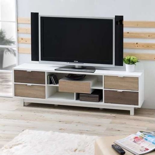 Image sur Modern 70-inch White TV Stand Entertainment Center with Natural Wood Accents