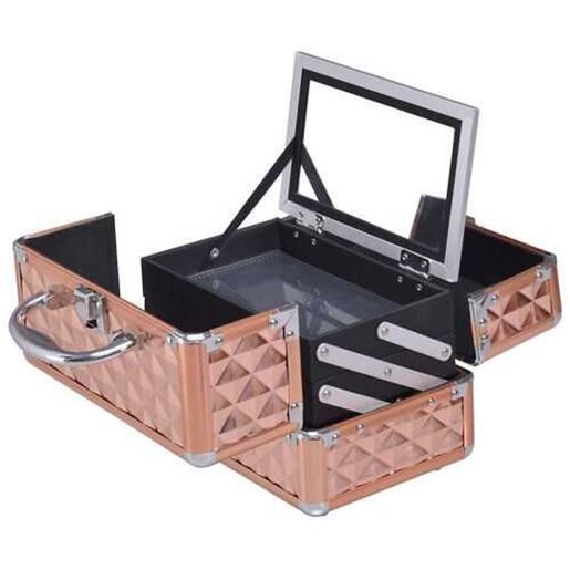 Picture of Beauty Cosmetic Makeup Case with Mirror & Extendable Trays-Golden - Color: Golden