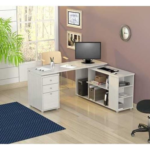 Image sur White Finish 3 Drawer L Shape Computer Desk with Storage