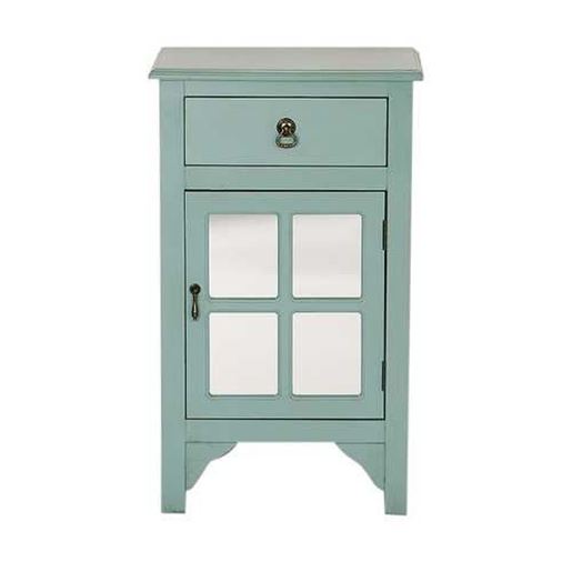 Image sur 18" X 13" X 30" Aqua MDF  Wood  Mirrored Glass Accent Cabinet with a Drawer and  Door and Paned Inserts