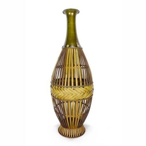 Image sur 11.5" X 11.5" X 33.25" Gray with Distressed Wood Bamboo Metal Vase with a Decoaritve Band