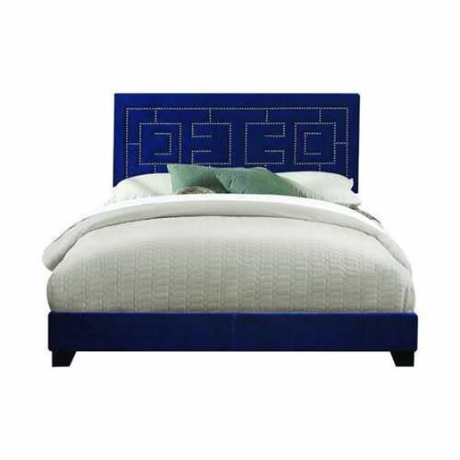 Picture of 64" X 86" X 50" Dark Blue Velvet Upholstered Bed Wood Leg Queen Bed