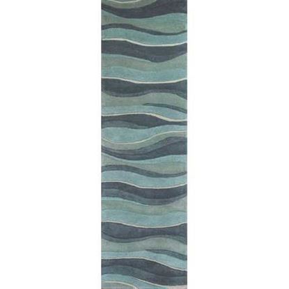 Picture of 8' Ocean Blue Teal Hand Tufted Abstract Waves Indoor Runner Rug