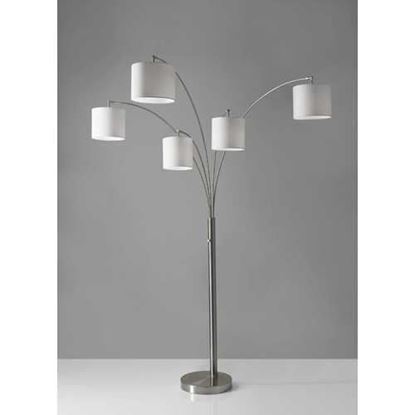 Изображение Five Light Floor Lamp Brushed Steel Arc Arms and Petite White Drum Shades