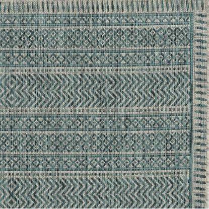 Picture of 8' Round Teal Geometric Pattern Indoor Outdoor Area Rug