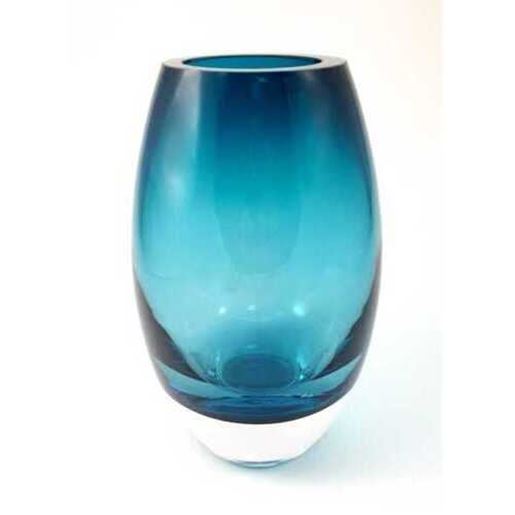 Изображение 9" Mouth Blown Crystal Peacock Blue Crystal Vase