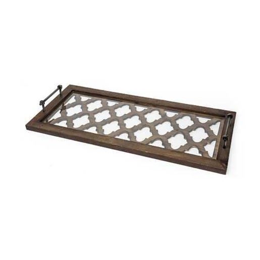 Изображение Medium Brown Wood With Metal Quatrefoil Pattern Glass Bottom Tray