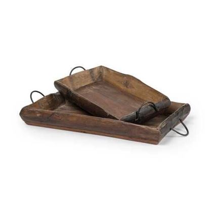 Picture of S/2 Medium Brown Recycled Wood With Flaunt Metal Handles Trays