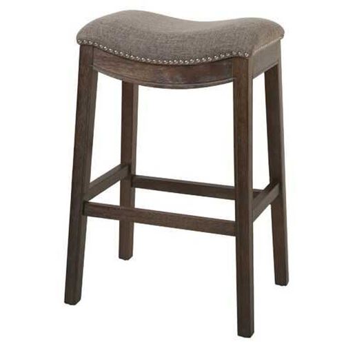 Picture of Bar Height Saddle Style Counter Stool with Taupe Fabric and Nail head Trim