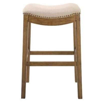 Picture of Bar Height Saddle Style Counter Stool with Cream Fabric and Nail head Trim