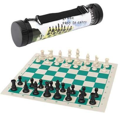 Picture of 43*43cm Outdoor Travel Tournament Size Chess Game Set Plastic Pieces Green Roll Portable Family Game