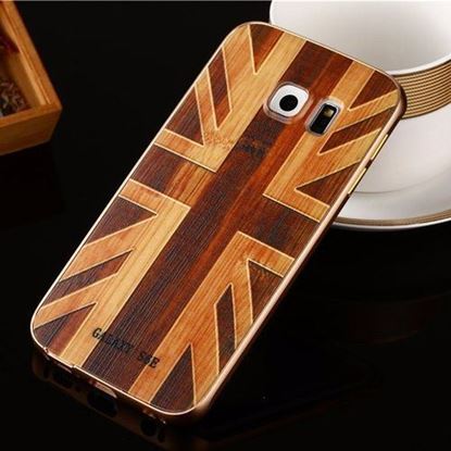 Picture of Wooden Pattern Hard Back Case Gold Alloy Frame Protective Shell for Samsung Galaxy S6 Edge