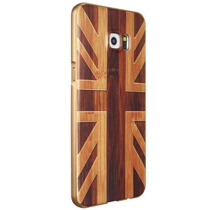 Picture of Wooden Pattern Hard Back Case Gold Alloy Frame Protective Shell for Samsung Galaxy S6 Edge Plus