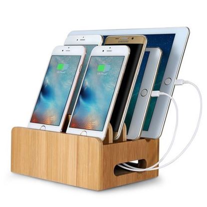 Picture of Bamboo Multi-device Phone Holder Charging Dock Stand Holder Tablet Stand for Smartphone Tablet