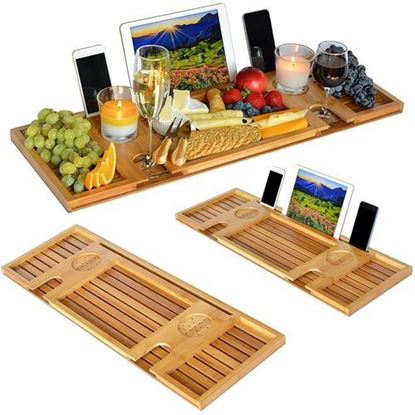 Picture of Bamboo Bathtub Caddy Tray with Reading Rack/Tablet Holder/Cellphone Tray/Wine Glass Holder