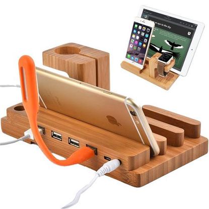 Picture of Multifunctional Bamboo USB Charging Dock Phone Tablet Holder Mount for Apple Watch