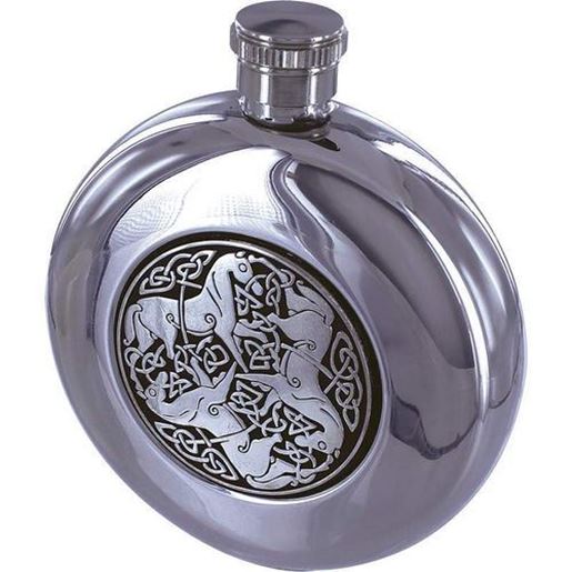 Picture of 5oz Round Stainless Steel Flask with Celtic Horse Medallion