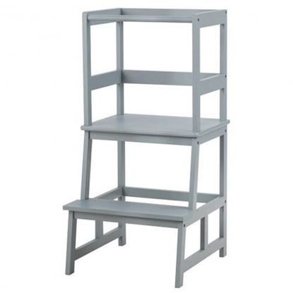 Picture of Kids Wooden Kitchen Step Stool with Safety Rail-Gray - Color: Gray