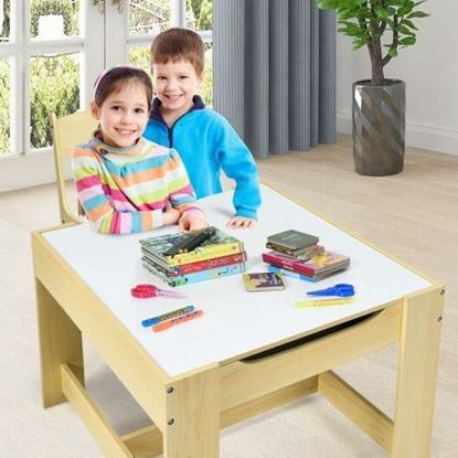 Image de Kids Table Chairs Set With Storage Boxes Blackboard Whiteboard Drawing-Natural - Color: Natural