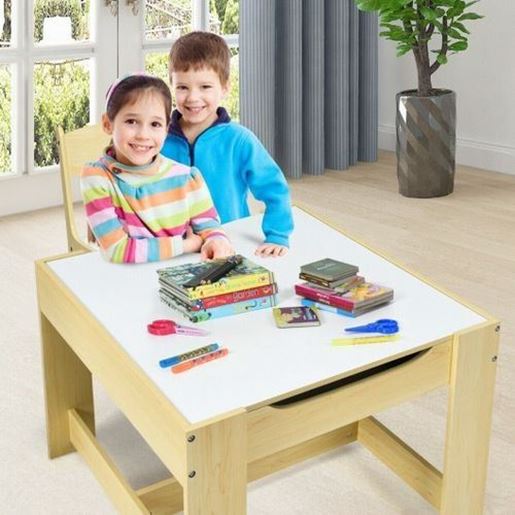 Picture of Kids Table Chairs Set With Storage Boxes Blackboard Whiteboard Drawing-Natural - Color: Natural