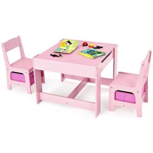 Picture of Kids Table Chairs Set With Storage Boxes Blackboard Whiteboard Drawing-Pink - Color: Pink